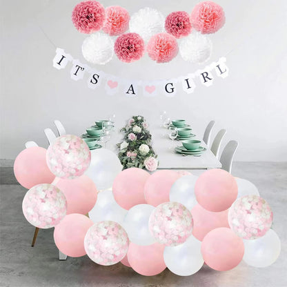 Baby Shower Decorations for Girls, Pink White Baby Girl Shower , with It’s A Girl Banner Confetti Latex Balloons Paper Pom Poms, for Baby Shower Supplies