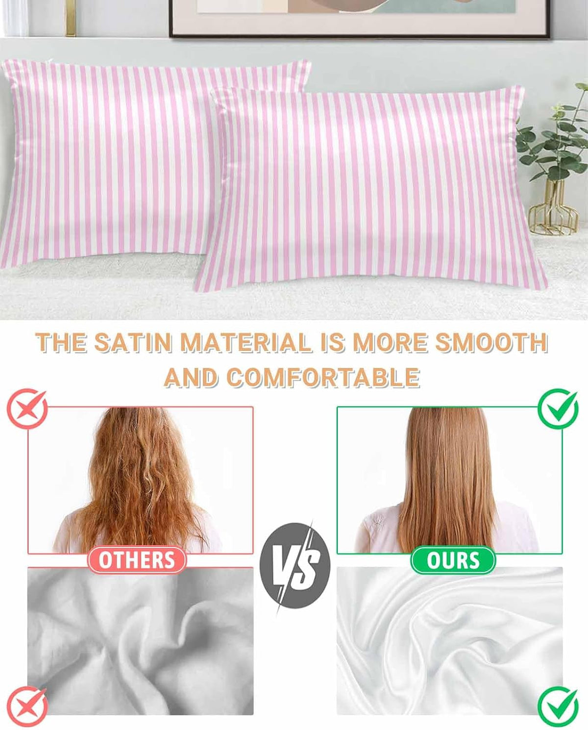 Satin Pillowcases King Size, Pink Stripes Silk Pillow Cases for Hair and Skin with Zipper 2 Pack, Modern Minimalist Horizontal Ombre Lines Smooth Throw Pillow Covers for Sleeping, 20"x36"
