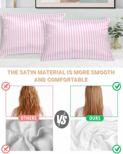 Satin Pillowcases King Size, Pink Stripes Silk Pillow Cases for Hair and Skin with Zipper 2 Pack, Modern Minimalist Horizontal Ombre Lines Smooth Throw Pillow Covers for Sleeping, 20"x36"