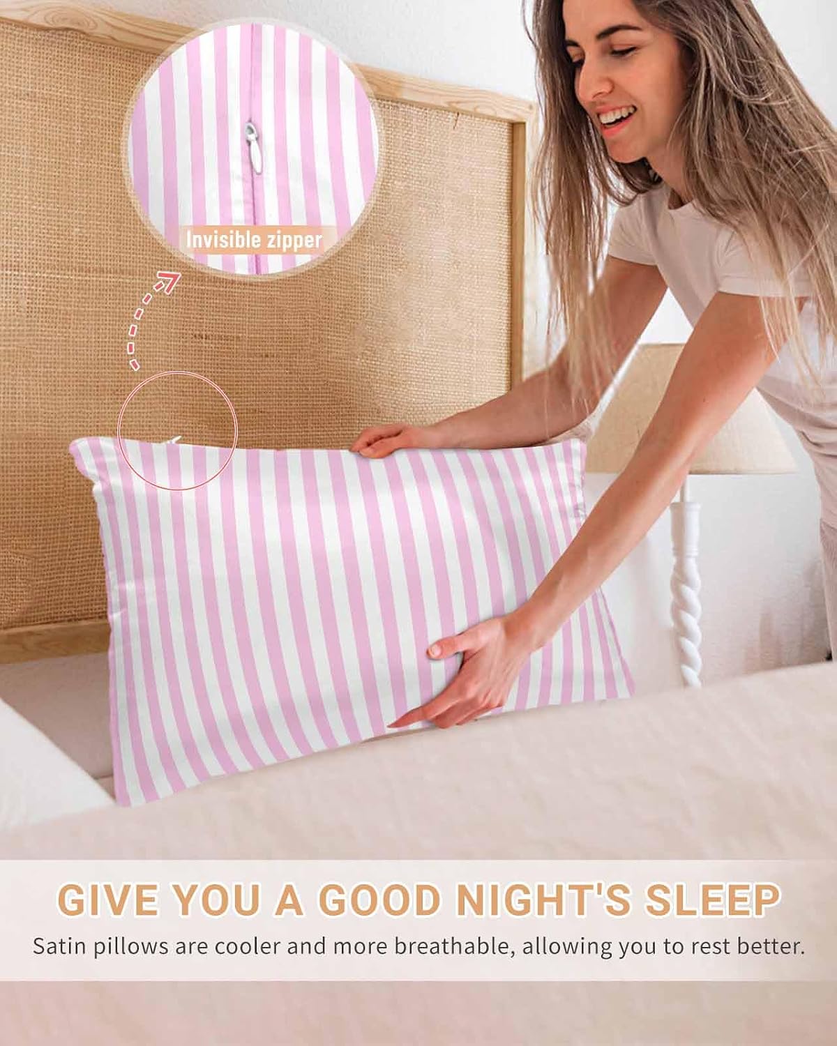 Satin Pillowcases King Size, Pink Stripes Silk Pillow Cases for Hair and Skin with Zipper 2 Pack, Modern Minimalist Horizontal Ombre Lines Smooth Throw Pillow Covers for Sleeping, 20"x36"