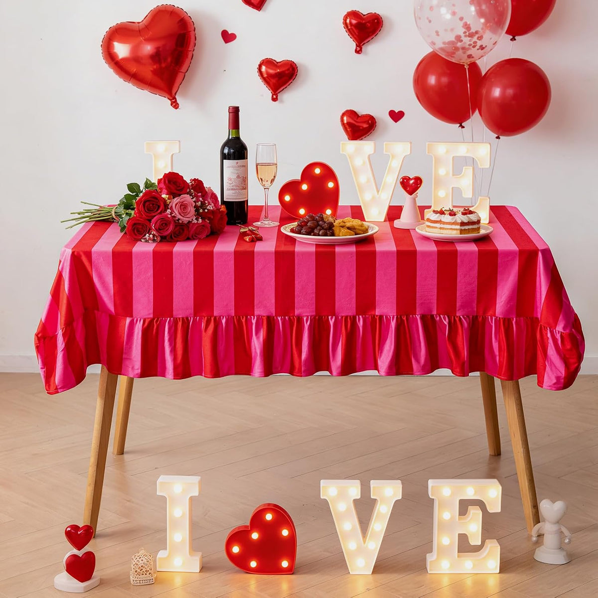 Pink and Red Striped Tablecloth with Ruffle, Farmhouse Rectangle Decorative Table Cover for 4-6 Seat, Soft Velvet Washable Tablecloth for Baby Shower Party Kitchen Decor, 52"x70"