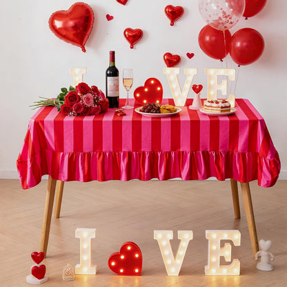 Pink and Red Striped Tablecloth with Ruffle, Farmhouse Rectangle Decorative Table Cover for 4-6 Seat, Soft Velvet Washable Tablecloth for Baby Shower Party Kitchen Decor, 52"x70"