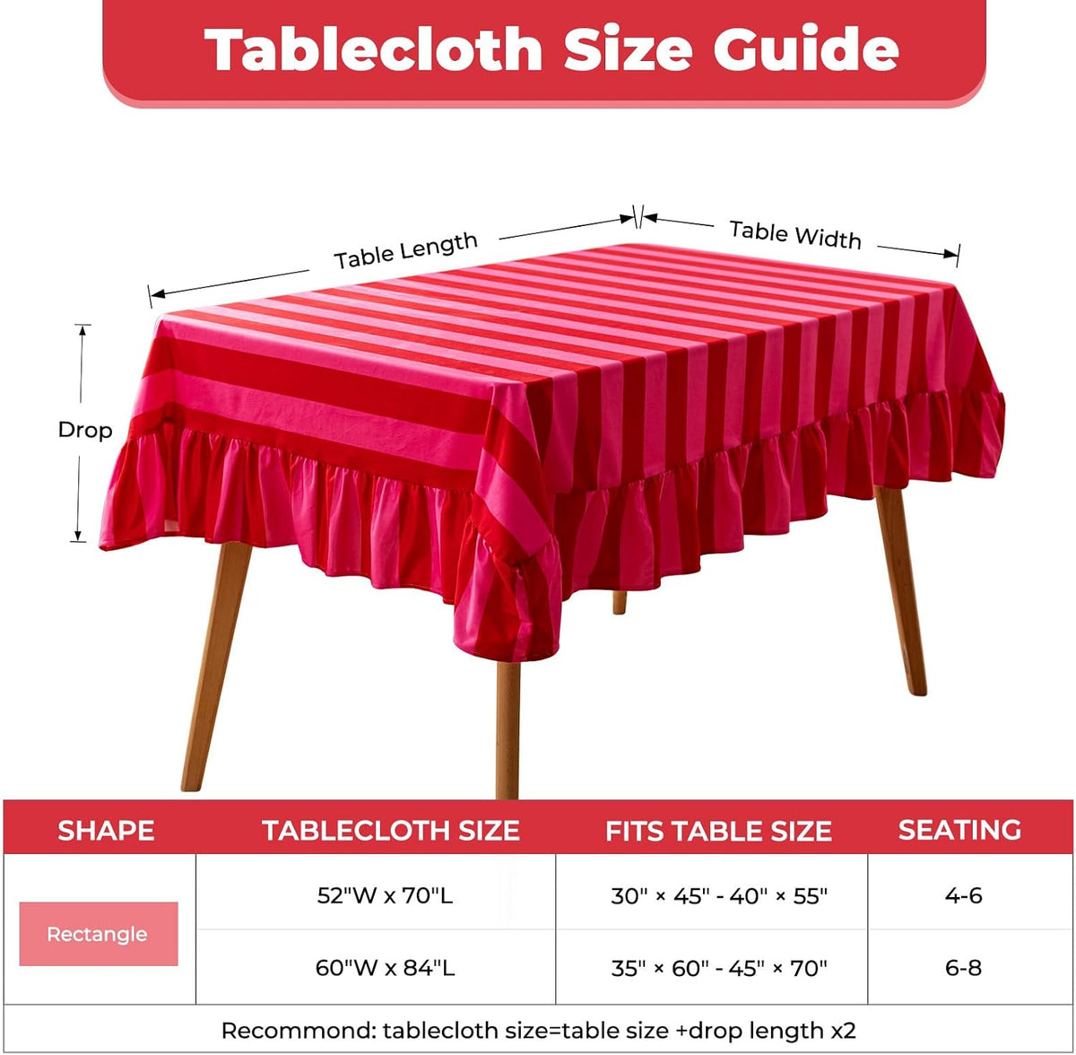 Pink and Red Striped Tablecloth with Ruffle, Farmhouse Rectangle Decorative Table Cover for 4-6 Seat, Soft Velvet Washable Tablecloth for Baby Shower Party Kitchen Decor, 52"x70"