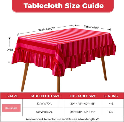 Pink and Red Striped Tablecloth with Ruffle, Farmhouse Rectangle Decorative Table Cover for 4-6 Seat, Soft Velvet Washable Tablecloth for Baby Shower Party Kitchen Decor, 52"x70"