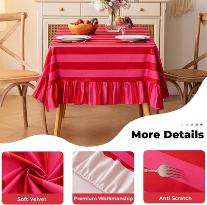 Pink and Red Striped Tablecloth with Ruffle, Farmhouse Rectangle Decorative Table Cover for 4-6 Seat, Soft Velvet Washable Tablecloth for Baby Shower Party Kitchen Decor, 52"x70"