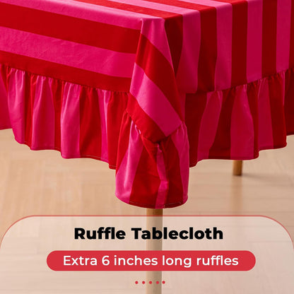 Pink and Red Striped Tablecloth with Ruffle, Farmhouse Rectangle Decorative Table Cover for 4-6 Seat, Soft Velvet Washable Tablecloth for Baby Shower Party Kitchen Decor, 52"x70"