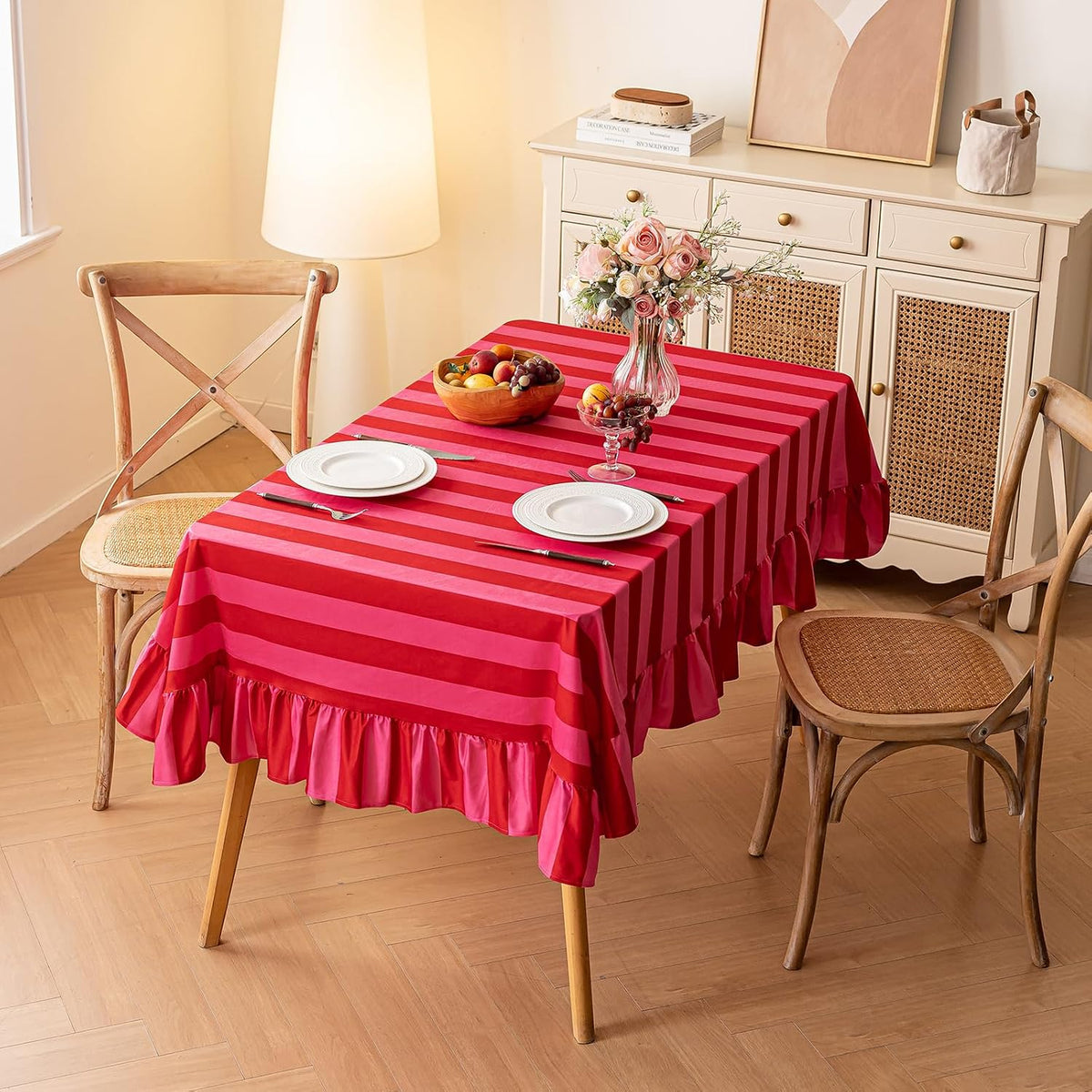 Pink and Red Striped Tablecloth with Ruffle, Farmhouse Rectangle Decorative Table Cover for 4-6 Seat, Soft Velvet Washable Tablecloth for Baby Shower Party Kitchen Decor, 52"x70"