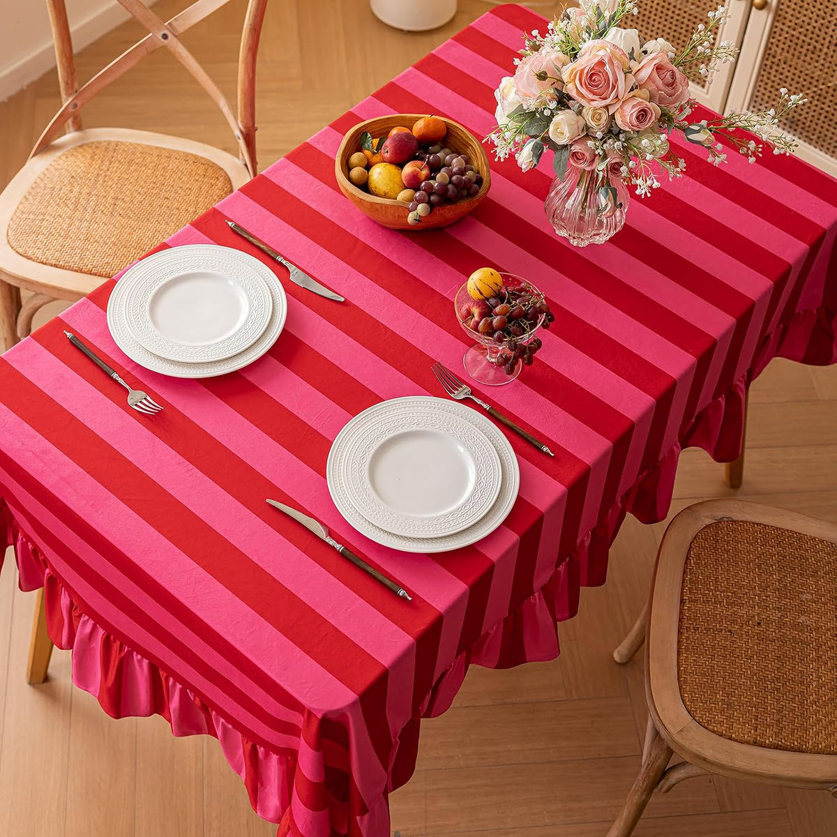 Pink and Red Striped Tablecloth with Ruffle, Farmhouse Rectangle Decorative Table Cover for 4-6 Seat, Soft Velvet Washable Tablecloth for Baby Shower Party Kitchen Decor, 52"x70"