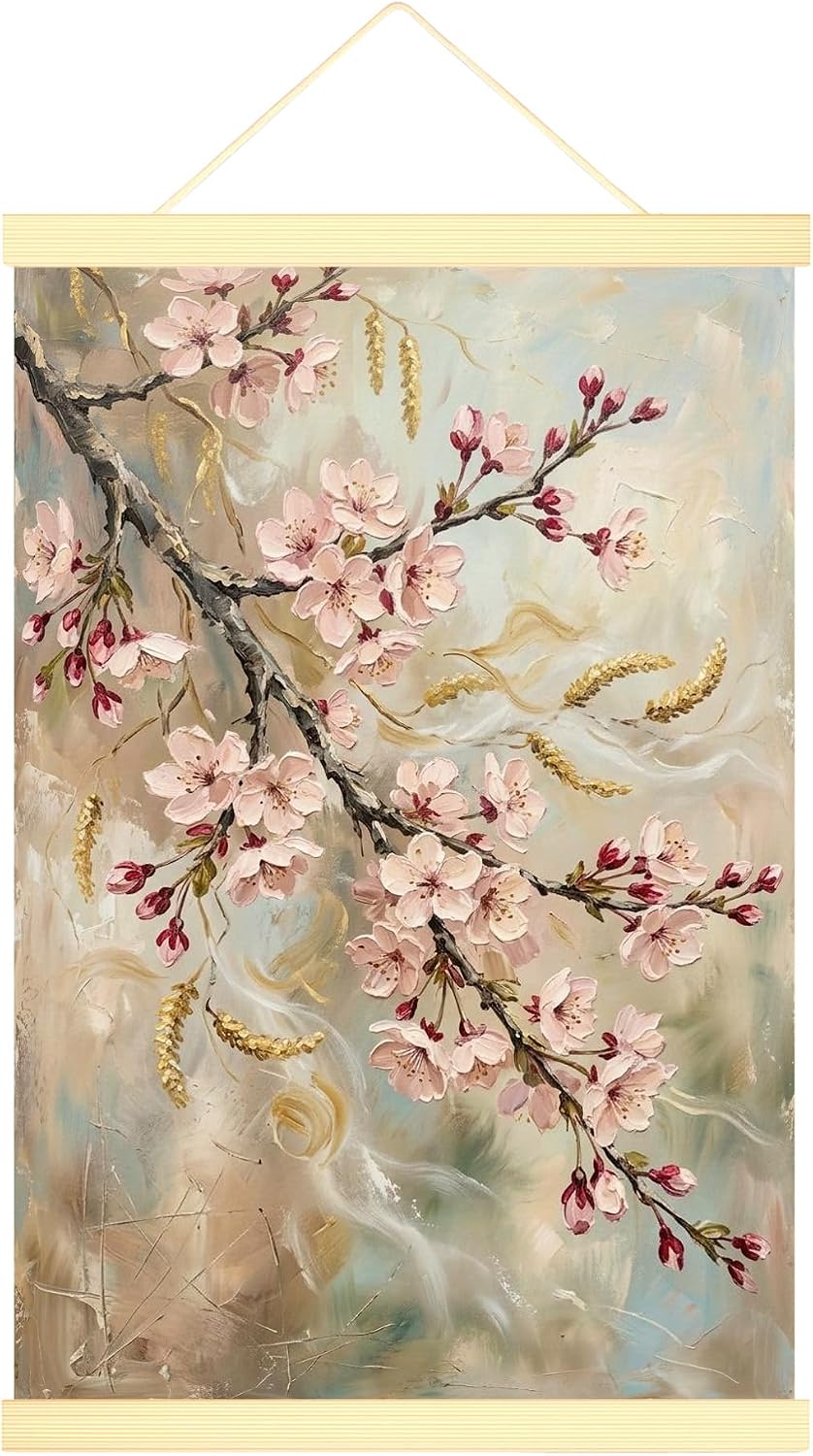 Cherries Blossom Canvas Hanging Poster Wall Art, Floral Romantic Branch Leaves Spring Peach Wall Hanging Posters Home Classroom Office Cubicle Decor 16x24 Inches