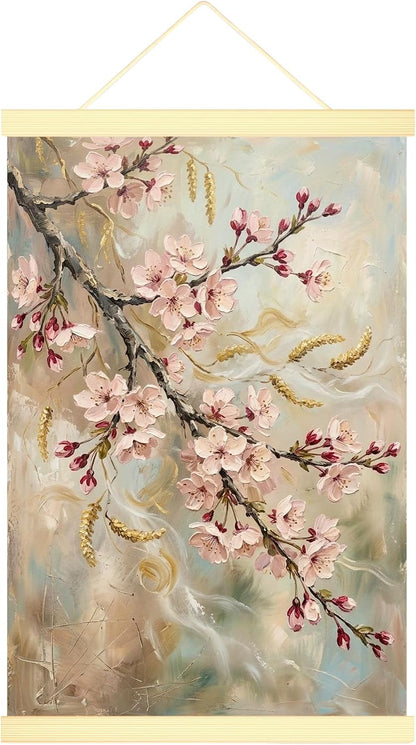 Cherries Blossom Canvas Hanging Poster Wall Art, Floral Romantic Branch Leaves Spring Peach Wall Hanging Posters Home Classroom Office Cubicle Decor 16x24 Inches