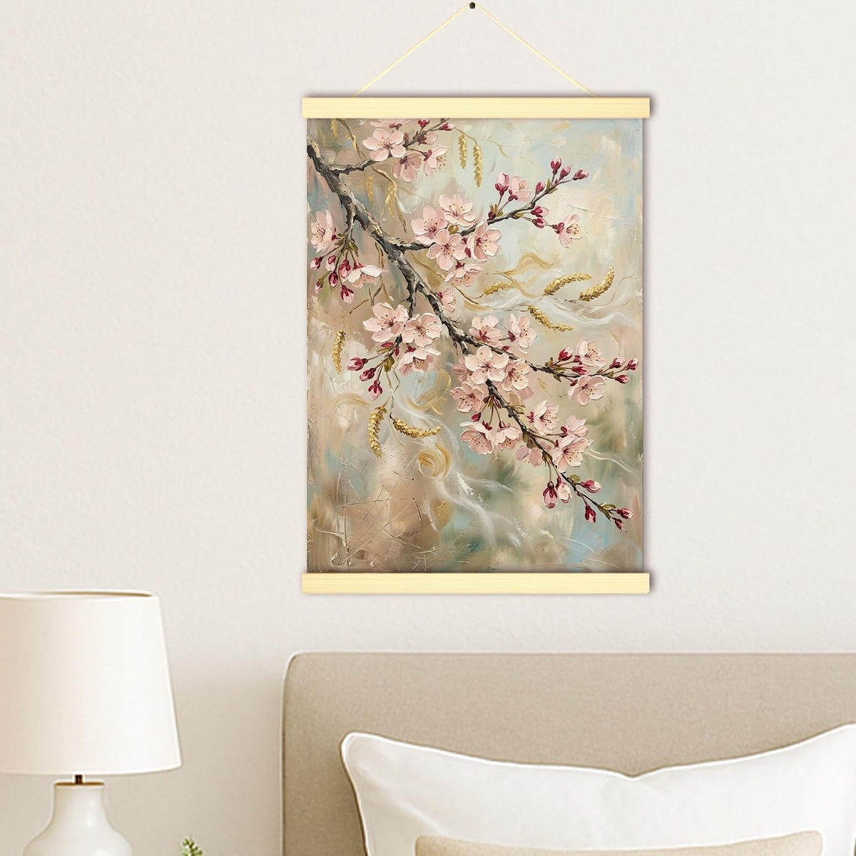 Cherries Blossom Canvas Hanging Poster Wall Art, Floral Romantic Branch Leaves Spring Peach Wall Hanging Posters Home Classroom Office Cubicle Decor 16x24 Inches