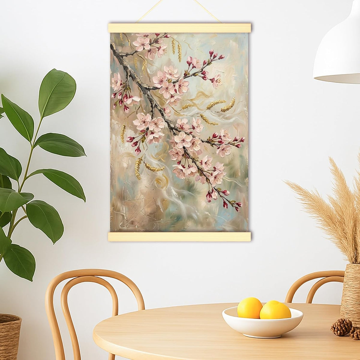 Cherries Blossom Canvas Hanging Poster Wall Art, Floral Romantic Branch Leaves Spring Peach Wall Hanging Posters Home Classroom Office Cubicle Decor 16x24 Inches