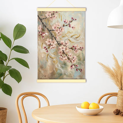 Cherries Blossom Canvas Hanging Poster Wall Art, Floral Romantic Branch Leaves Spring Peach Wall Hanging Posters Home Classroom Office Cubicle Decor 16x24 Inches