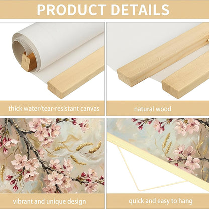 Cherries Blossom Canvas Hanging Poster Wall Art, Floral Romantic Branch Leaves Spring Peach Wall Hanging Posters Home Classroom Office Cubicle Decor 16x24 Inches