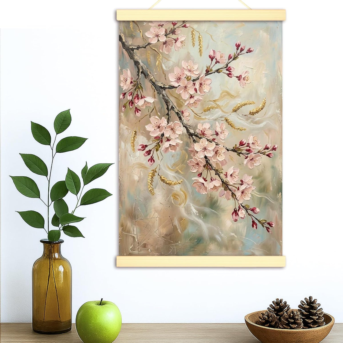 Cherries Blossom Canvas Hanging Poster Wall Art, Floral Romantic Branch Leaves Spring Peach Wall Hanging Posters Home Classroom Office Cubicle Decor 16x24 Inches