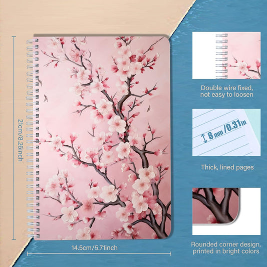 Lined Spiral Journal Notebook,100 Pages,5.71x 8.26 inches College Ruled Paper Double-Wire Spiral Notebook for Study and Notes - Pink Cherry Flowers Blossom