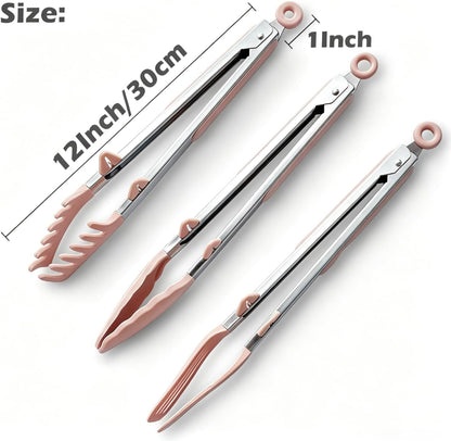 12" Kitchen Tongs for cooking with Silicone Tips, 3Pcs Serving Tongs, Pink