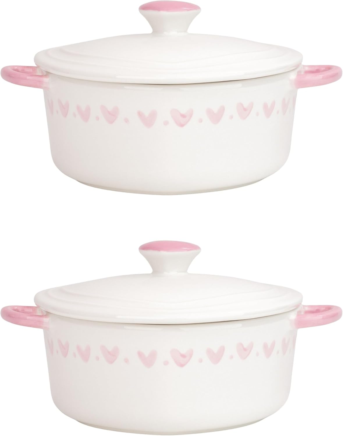 Heart Mini Cocotte Lidded Ramekins, Set of 2, Ceramic Souffle & Baking Dishes, Mini Dutch Oven (Pink Hearts)