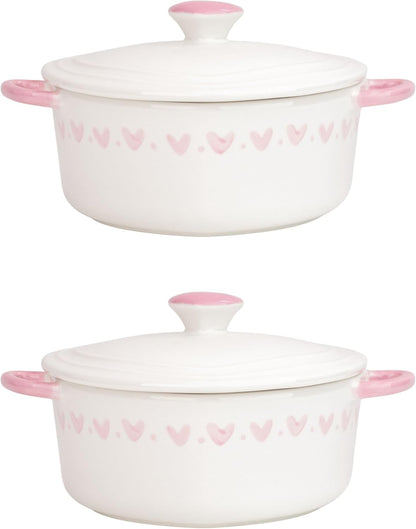 Heart Mini Cocotte Lidded Ramekins, Set of 2, Ceramic Souffle & Baking Dishes, Mini Dutch Oven (Pink Hearts)