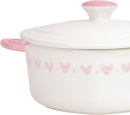 Heart Mini Cocotte Lidded Ramekins, Set of 2, Ceramic Souffle & Baking Dishes, Mini Dutch Oven (Pink Hearts)
