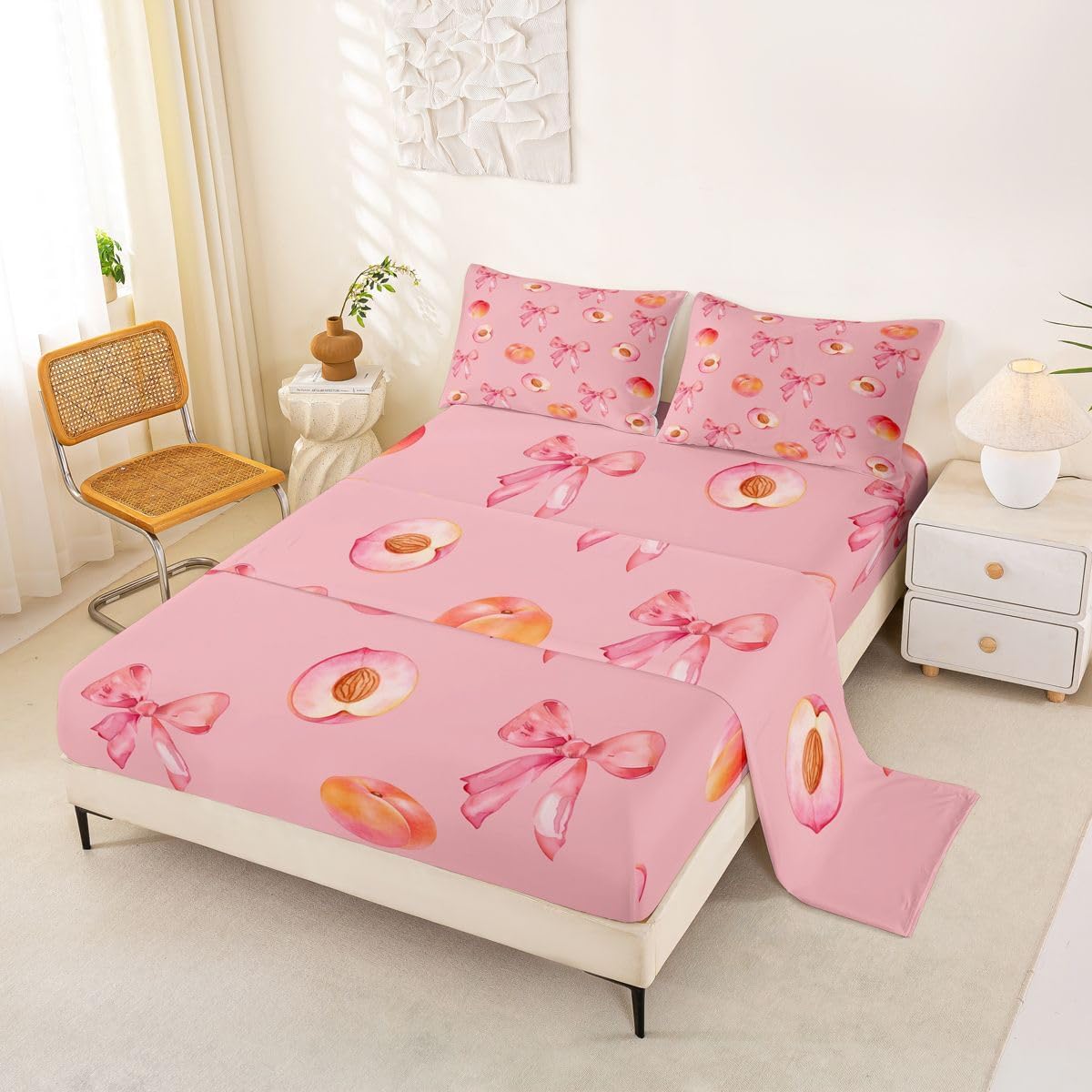Pink Bow Bed Sheets Set King Size Cute Coquette Bow Knot Bed Set for Kids Boys Girls Peach Themed Deep Pocket Fitted Sheet 4Pcs with 2 Pillow Cases