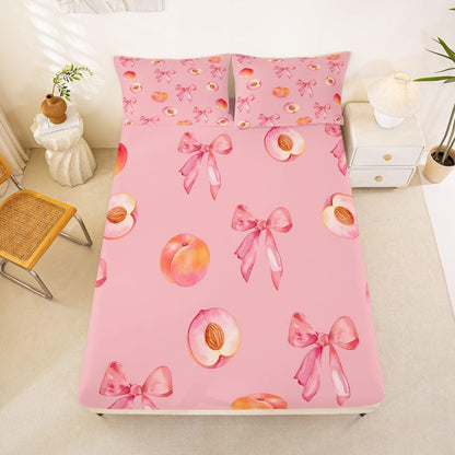 Pink Bow Bed Sheets Set King Size Cute Coquette Bow Knot Bed Set for Kids Boys Girls Peach Themed Deep Pocket Fitted Sheet 4Pcs with 2 Pillow Cases