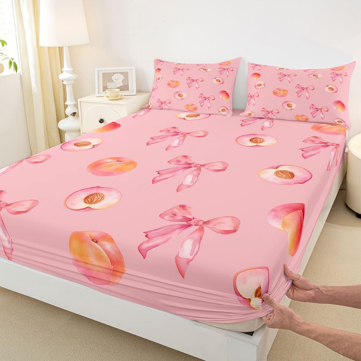 Pink Bow Bed Sheets Set King Size Cute Coquette Bow Knot Bed Set for Kids Boys Girls Peach Themed Deep Pocket Fitted Sheet 4Pcs with 2 Pillow Cases