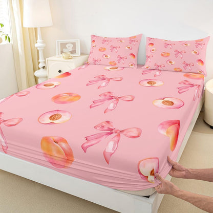 Pink Bow Bed Sheets Set King Size Cute Coquette Bow Knot Bed Set for Kids Boys Girls Peach Themed Deep Pocket Fitted Sheet 4Pcs with 2 Pillow Cases