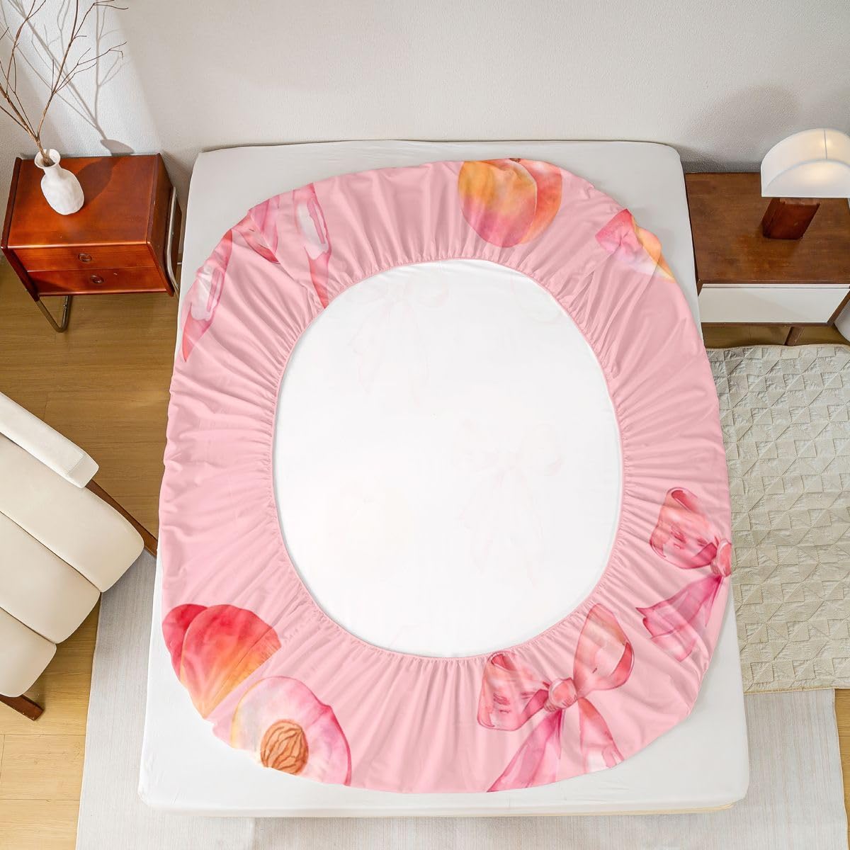 Pink Bow Bed Sheets Set King Size Cute Coquette Bow Knot Bed Set for Kids Boys Girls Peach Themed Deep Pocket Fitted Sheet 4Pcs with 2 Pillow Cases