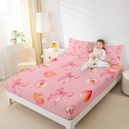 Pink Bow Bed Sheets Set King Size Cute Coquette Bow Knot Bed Set for Kids Boys Girls Peach Themed Deep Pocket Fitted Sheet 4Pcs with 2 Pillow Cases
