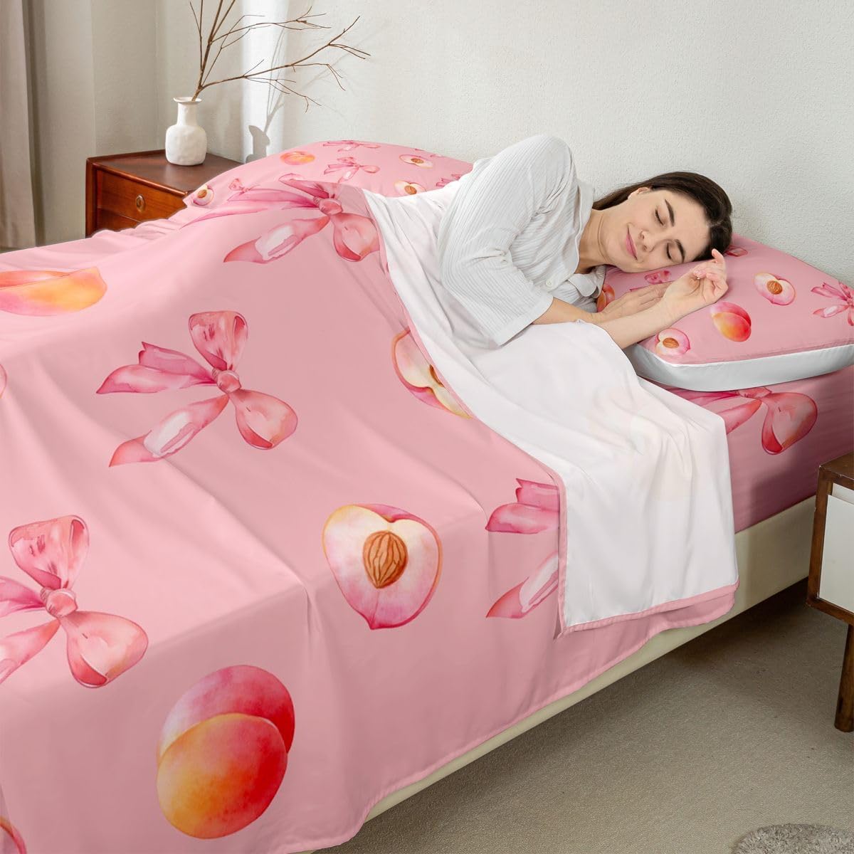 Pink Bow Bed Sheets Set King Size Cute Coquette Bow Knot Bed Set for Kids Boys Girls Peach Themed Deep Pocket Fitted Sheet 4Pcs with 2 Pillow Cases