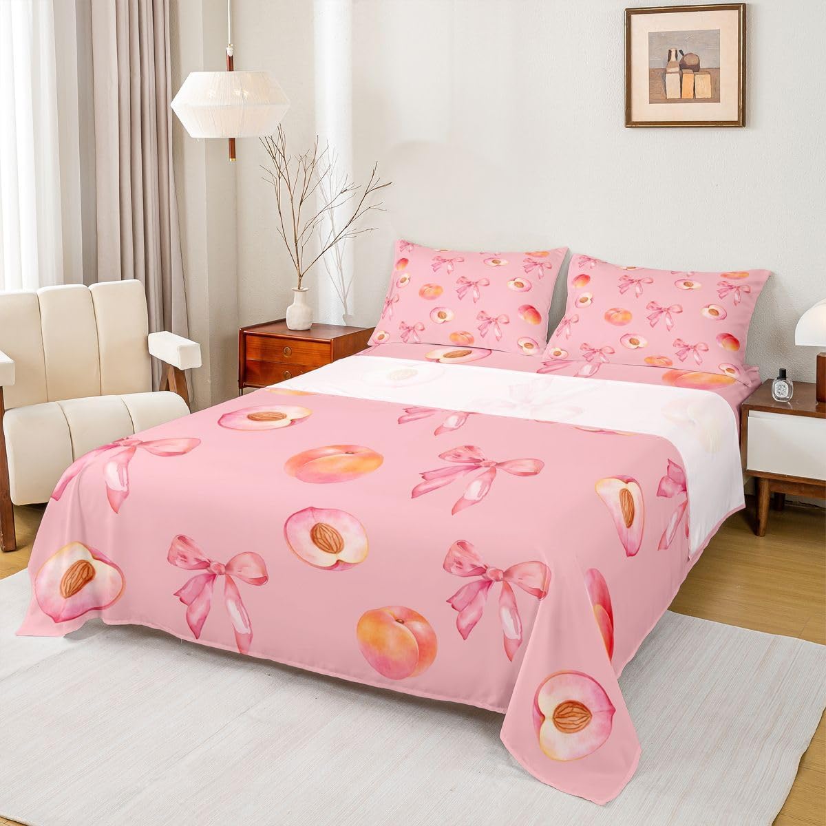 Pink Bow Bed Sheets Set King Size Cute Coquette Bow Knot Bed Set for Kids Boys Girls Peach Themed Deep Pocket Fitted Sheet 4Pcs with 2 Pillow Cases