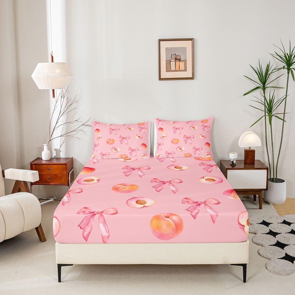 Pink Bow Bed Sheets Set King Size Cute Coquette Bow Knot Bed Set for Kids Boys Girls Peach Themed Deep Pocket Fitted Sheet 4Pcs with 2 Pillow Cases