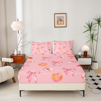 Pink Bow Bed Sheets Set King Size Cute Coquette Bow Knot Bed Set for Kids Boys Girls Peach Themed Deep Pocket Fitted Sheet 4Pcs with 2 Pillow Cases