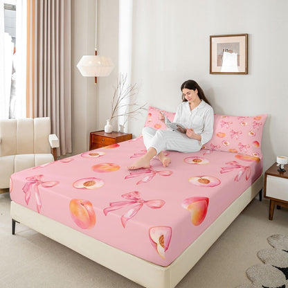 Pink Bow Bed Sheets Set King Size Cute Coquette Bow Knot Bed Set for Kids Boys Girls Peach Themed Deep Pocket Fitted Sheet 4Pcs with 2 Pillow Cases