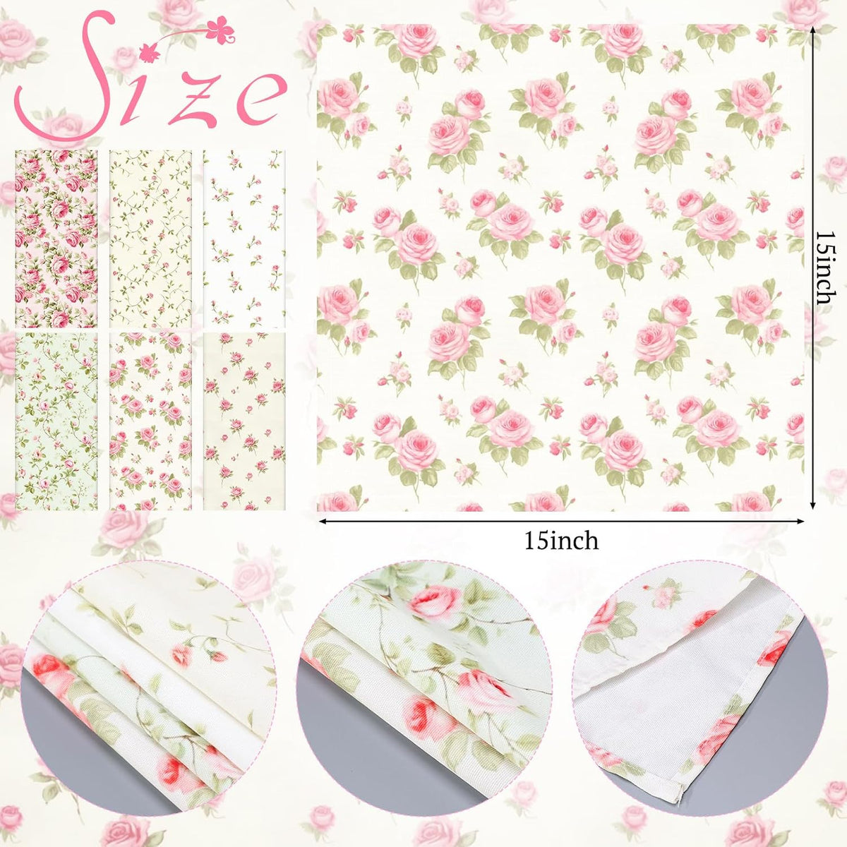 12 Pcs Floral Cloth Napkins 6 Patterns Washable Dinner Tea Party Napkins Reusable Plant Flowers Square Napkin Cotton Towel Decorative for Summer Wildflower Party(Pink Rose)
