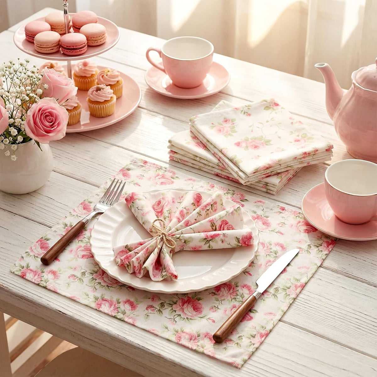12 Pcs Floral Cloth Napkins 6 Patterns Washable Dinner Tea Party Napkins Reusable Plant Flowers Square Napkin Cotton Towel Decorative for Summer Wildflower Party(Pink Rose)