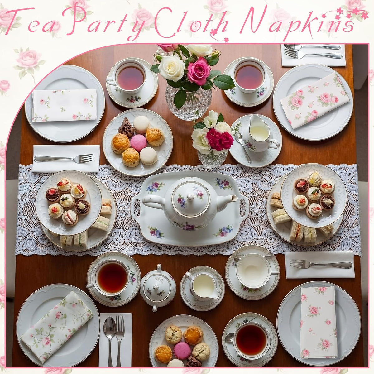 12 Pcs Floral Cloth Napkins 6 Patterns Washable Dinner Tea Party Napkins Reusable Plant Flowers Square Napkin Cotton Towel Decorative for Summer Wildflower Party(Pink Rose)