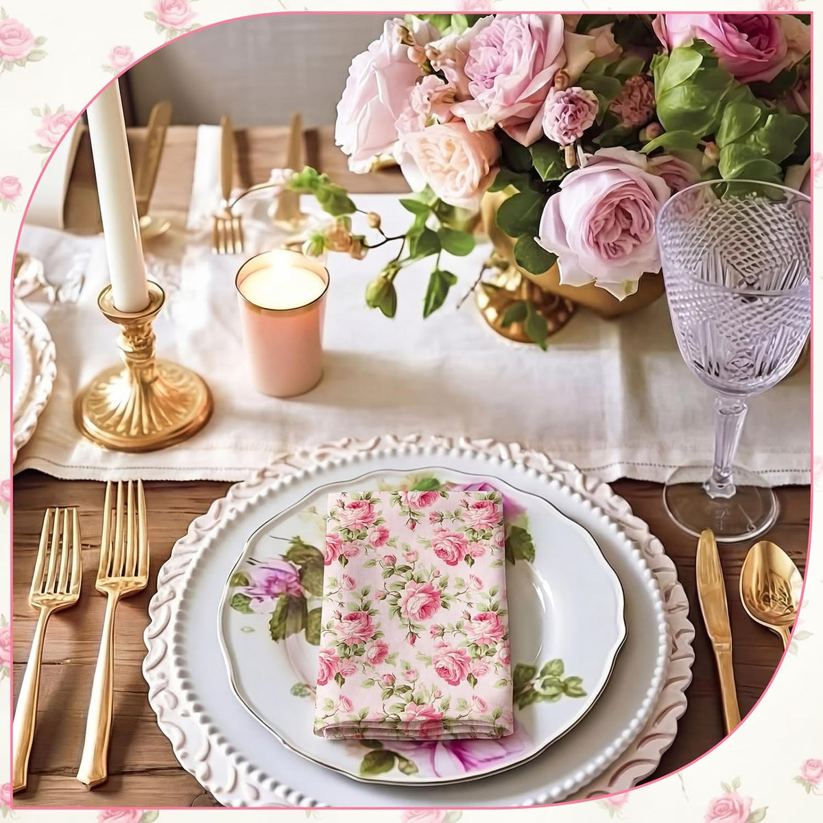 12 Pcs Floral Cloth Napkins 6 Patterns Washable Dinner Tea Party Napkins Reusable Plant Flowers Square Napkin Cotton Towel Decorative for Summer Wildflower Party(Pink Rose)