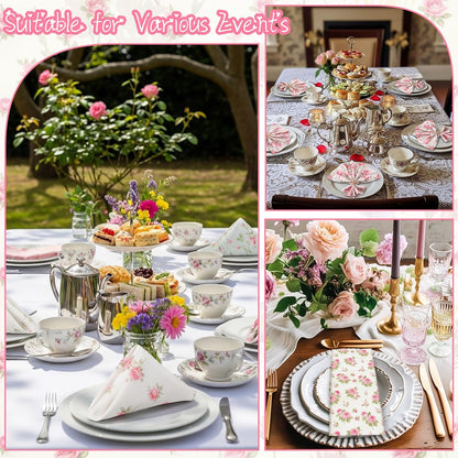 12 Pcs Floral Cloth Napkins 6 Patterns Washable Dinner Tea Party Napkins Reusable Plant Flowers Square Napkin Cotton Towel Decorative for Summer Wildflower Party(Pink Rose)