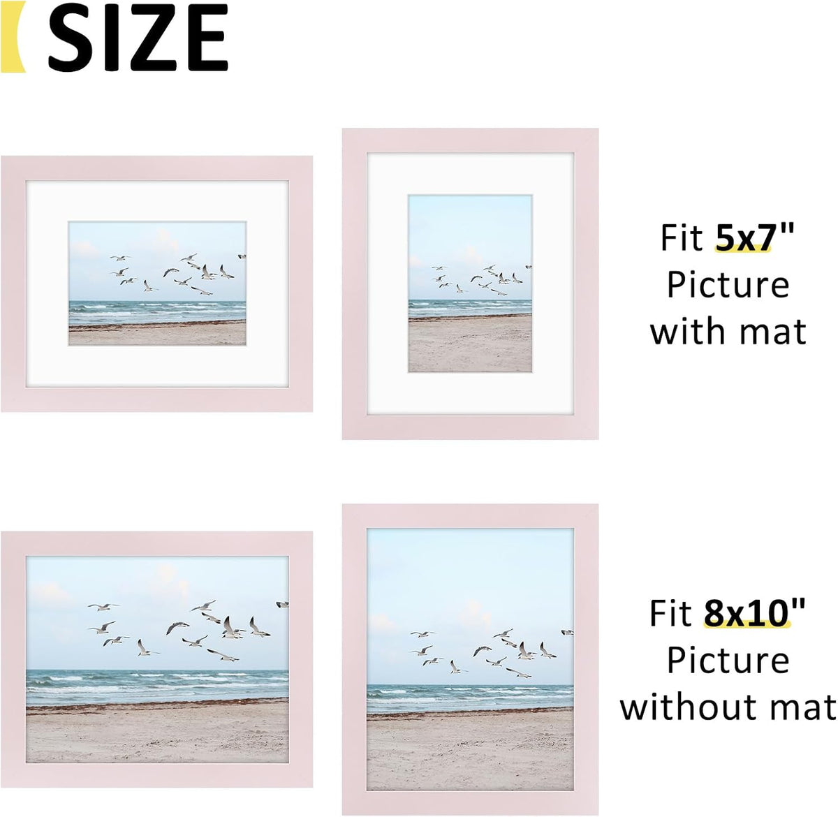 8x10 Frame with Mat for 5x7, Real Glass, Pink