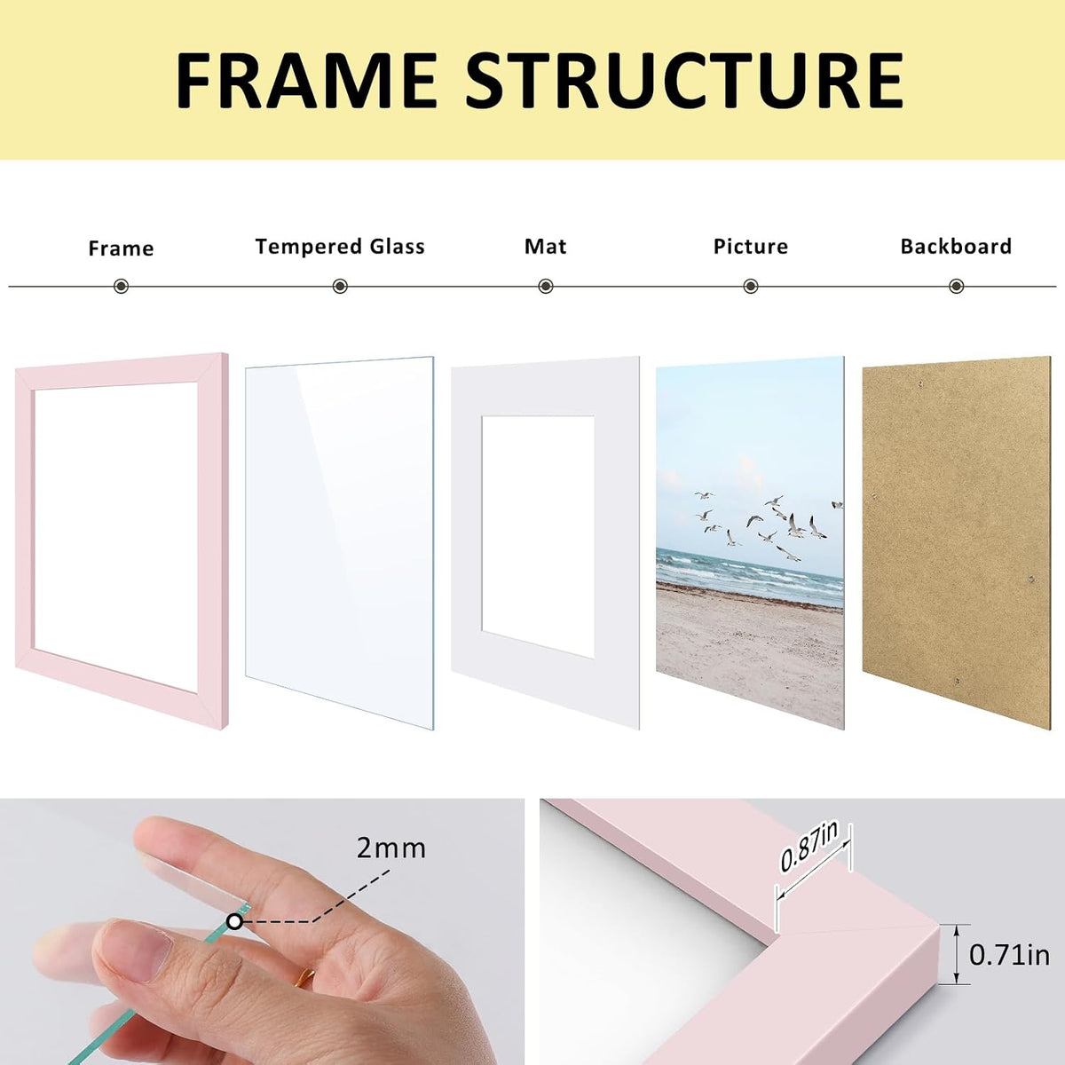 8x10 Frame with Mat for 5x7, Real Glass, Pink