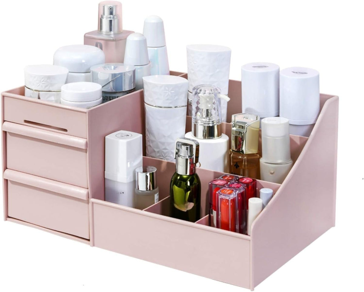 Makeup Organizer for Vanity— Bathroom Countertop Cosmetics Organizer with Drawers for Lipstick, Brushes, Lotions, Eyeshadow, Nail Polish and Jewelry (Pink)