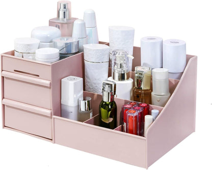 Makeup Organizer for Vanity— Bathroom Countertop Cosmetics Organizer with Drawers for Lipstick, Brushes, Lotions, Eyeshadow, Nail Polish and Jewelry (Pink)