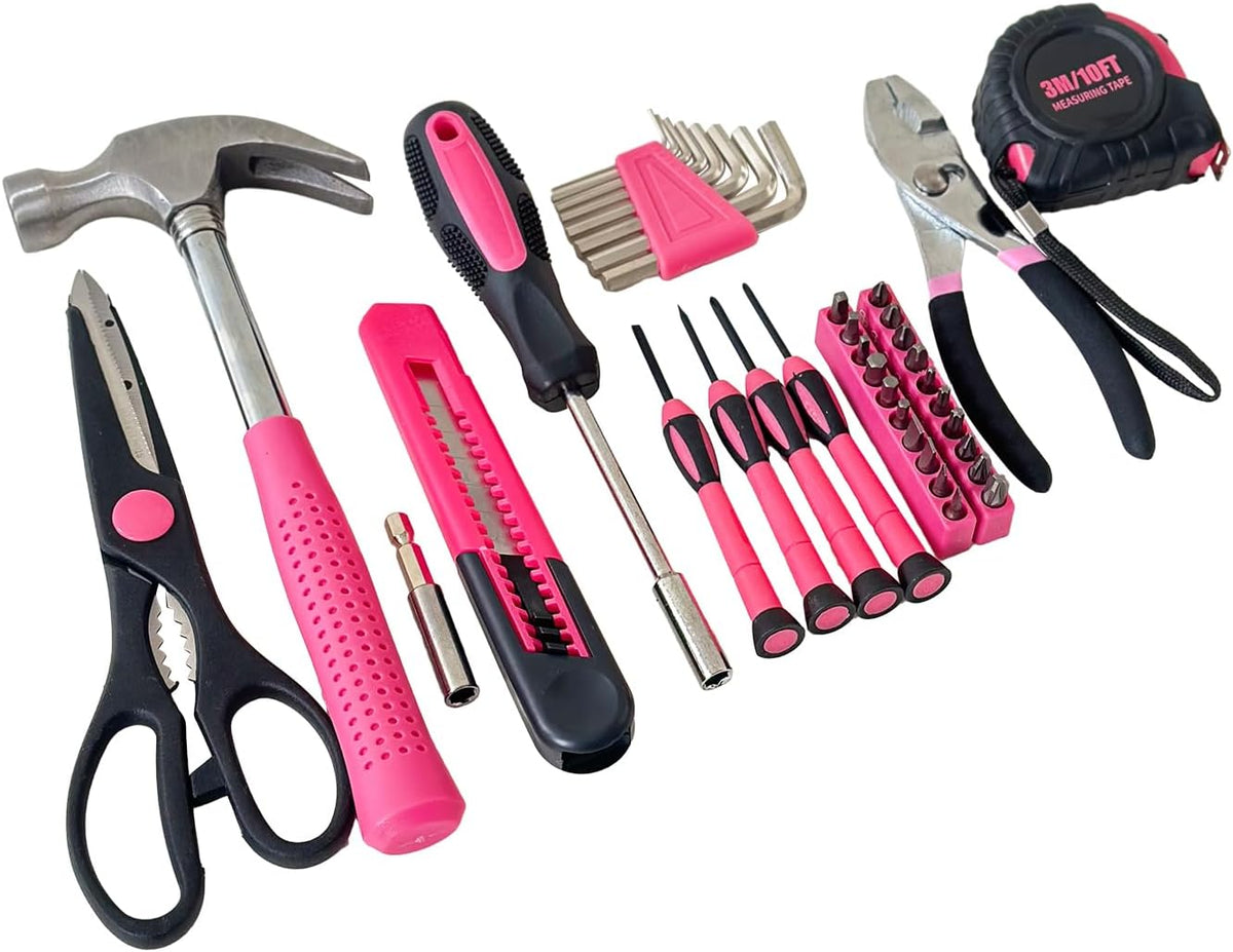 39-Piece Household Tools Kit - Portable and Essential Repair Set Ideal for Women, College Students, Home Use & More (39p-Pink)