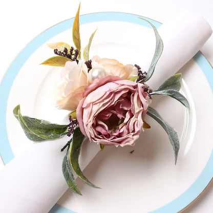 Handcraft Flower Napkin Rings Set of 6, Pink Peony Flowers Napkin Holders Floral Napkin Buckles Table Decorations for Wedding Banquet Birthday Party