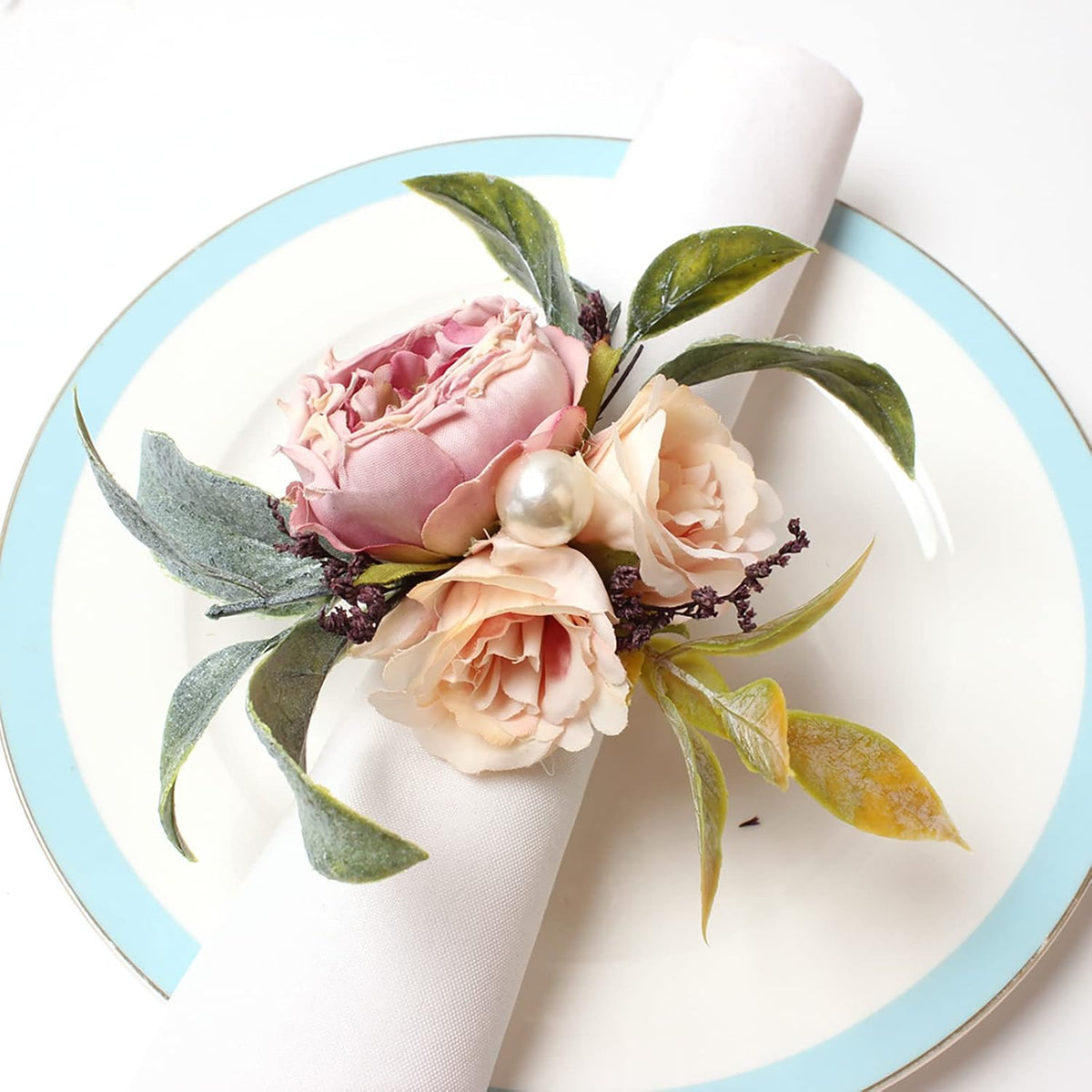 Handcraft Flower Napkin Rings Set of 6, Pink Peony Flowers Napkin Holders Floral Napkin Buckles Table Decorations for Wedding Banquet Birthday Party