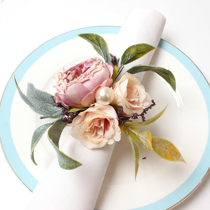 Handcraft Flower Napkin Rings Set of 6, Pink Peony Flowers Napkin Holders Floral Napkin Buckles Table Decorations for Wedding Banquet Birthday Party
