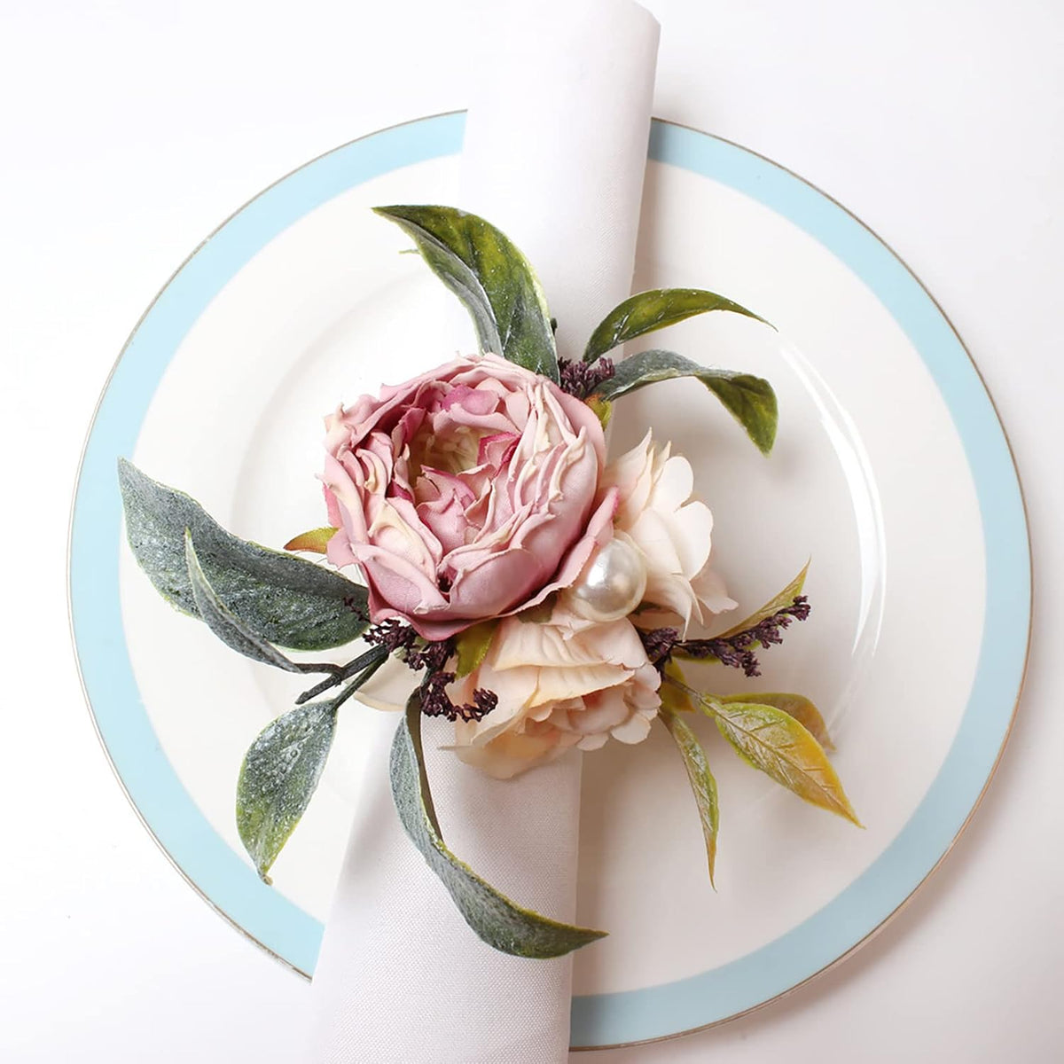 Handcraft Flower Napkin Rings Set of 6, Pink Peony Flowers Napkin Holders Floral Napkin Buckles Table Decorations for Wedding Banquet Birthday Party