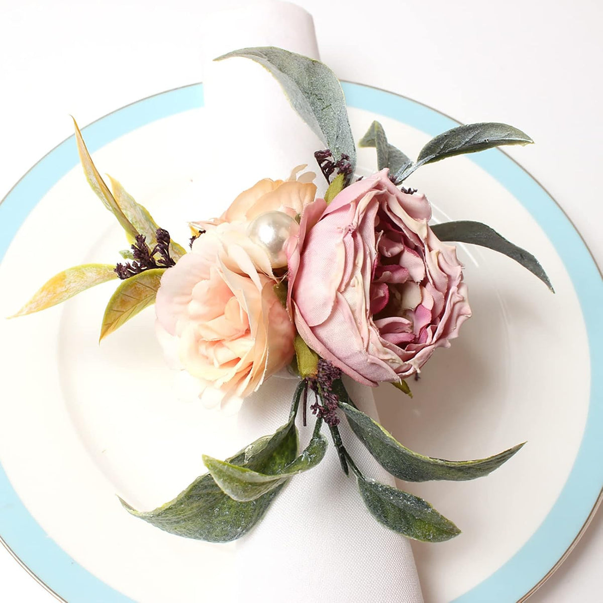 Handcraft Flower Napkin Rings Set of 6, Pink Peony Flowers Napkin Holders Floral Napkin Buckles Table Decorations for Wedding Banquet Birthday Party